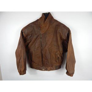 Vintage Midway Diagonal Full Zip Leather Biker Jacket Brown L D10